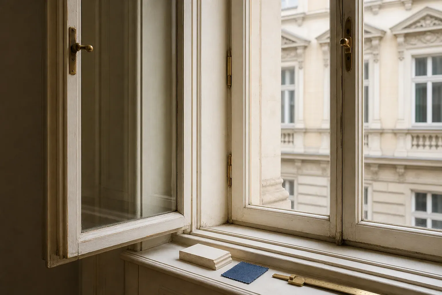 Saniertes Holzfenster mit feinem Fassadendetail an einem Wiener Gründerzeithaus