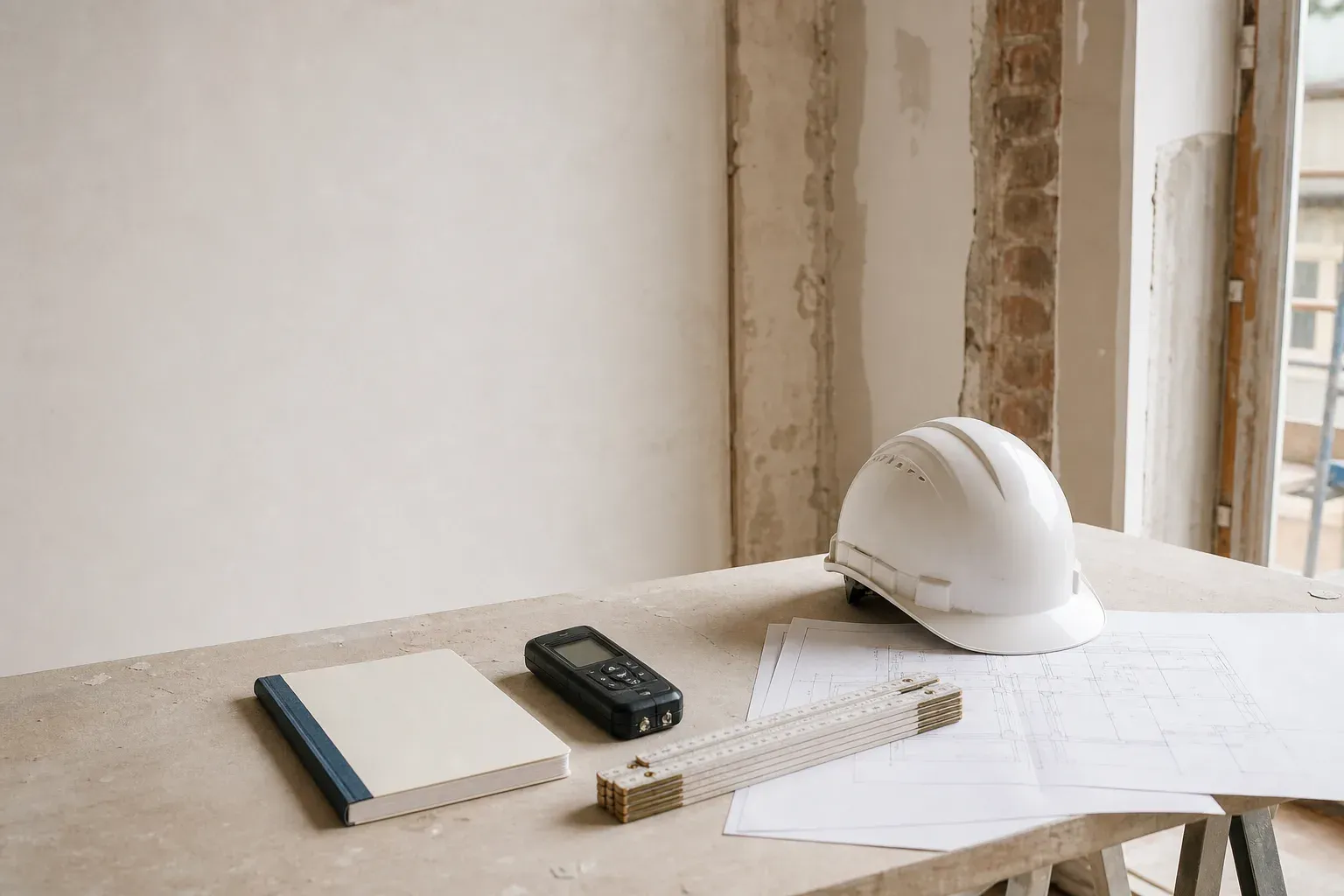 Baustellenprotokoll, Helm und Planunterlagen auf einem Holztisch in einem Wiener Rohbau