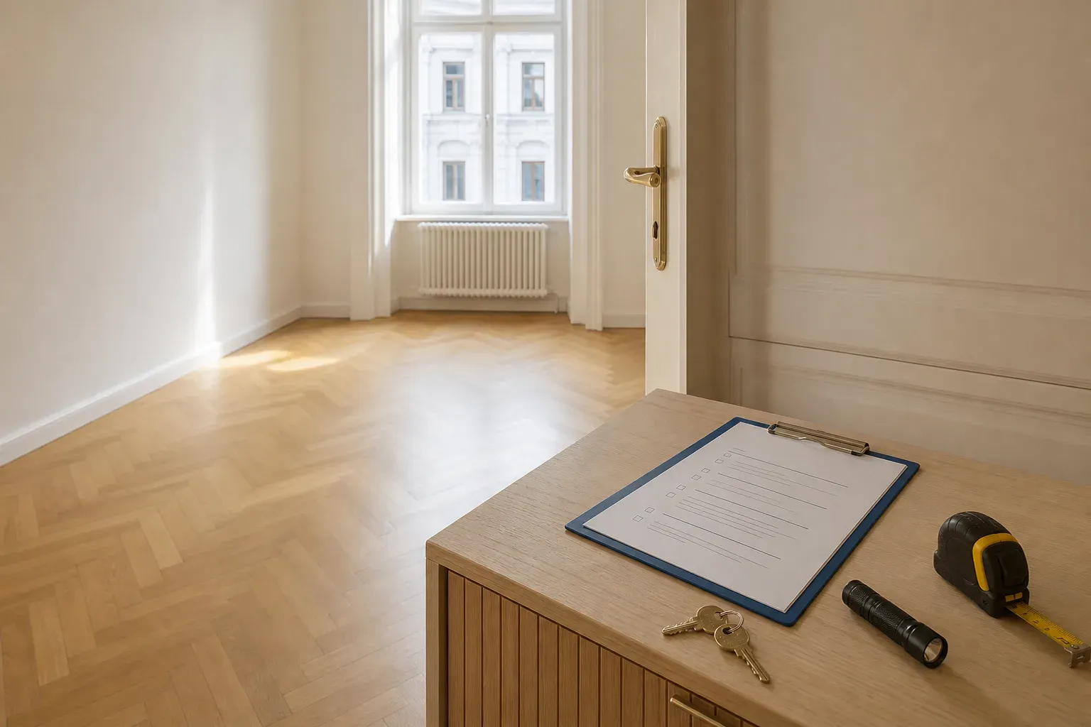 Geordnetes Übergabeformular mit Schlüsselbund und Stift in einer hellen Neubauwohnung