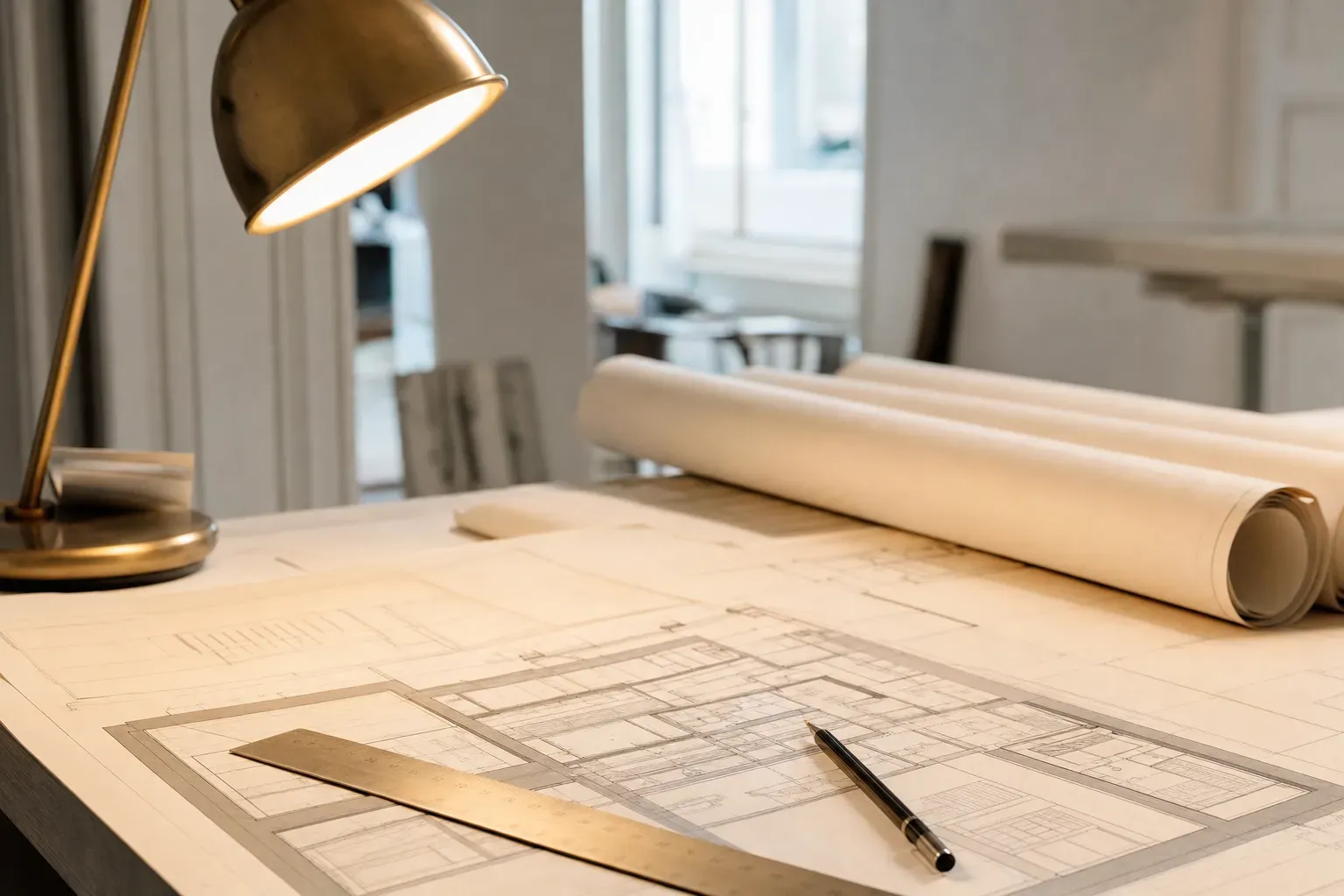 Zeichentisch mit gerollten Einreichplänen, Grundrissen und Messinglampe