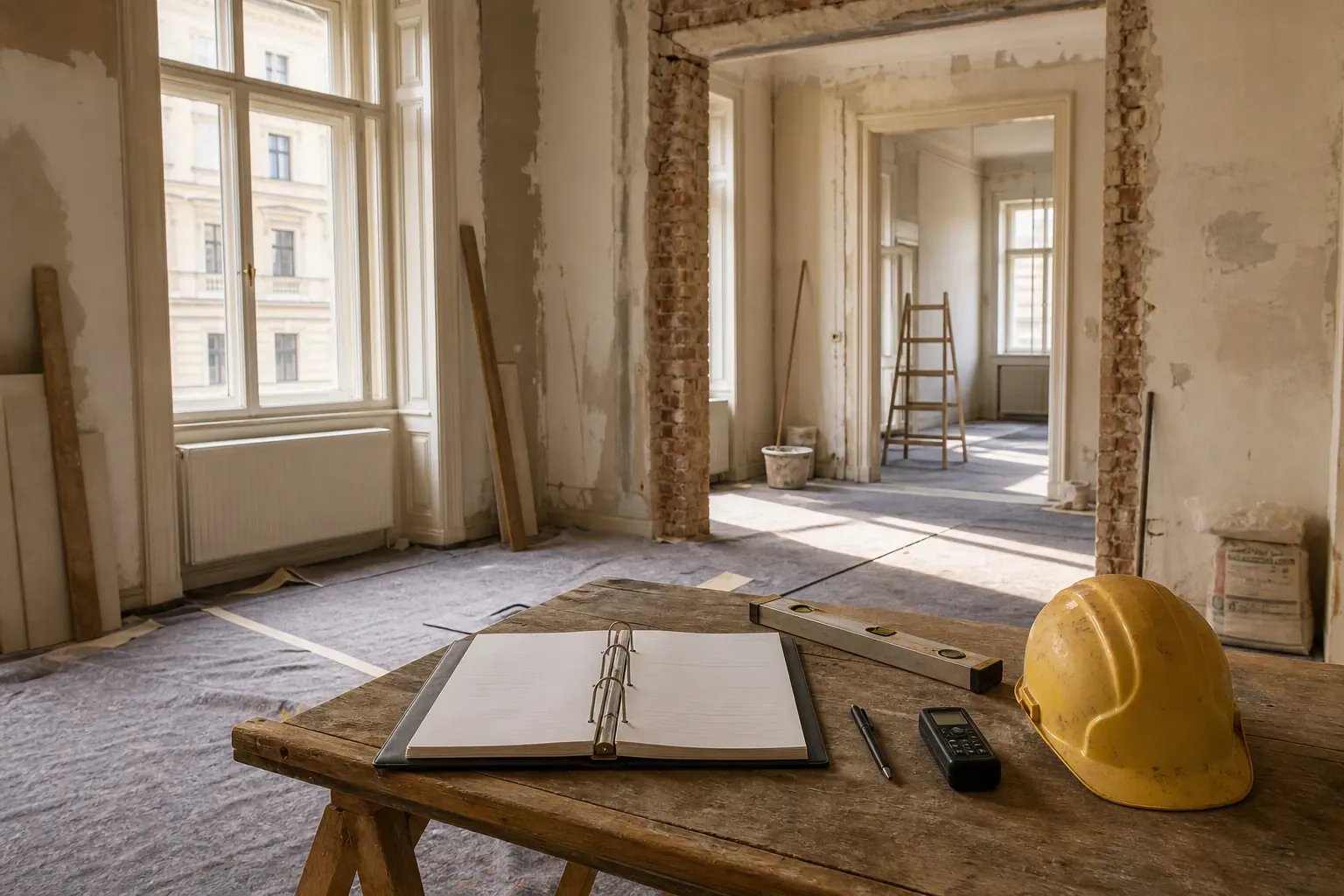 Bautagebuch, Messgeräte und Bauhelm auf einem Arbeitstisch in einer Wiener Altbaubaustelle