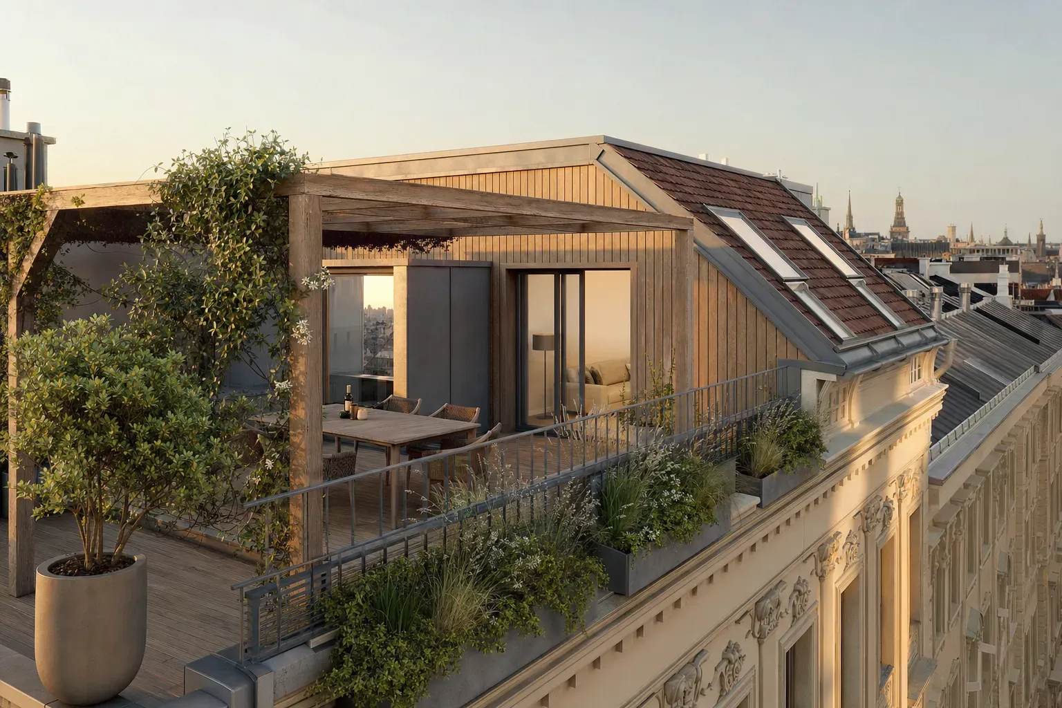 Rendering einer Dachterrasse auf einem Wiener Gründerzeithaus mit Blick über die Stadt bei Sonnenuntergang