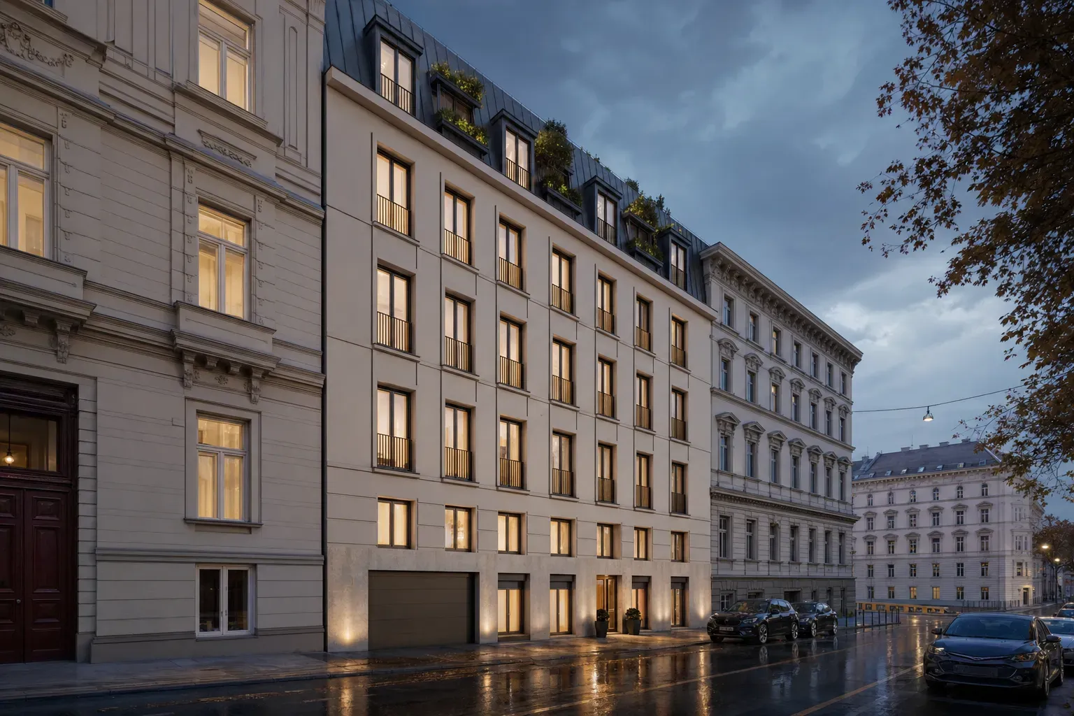 Fotorealistisches Rendering eines modernen Wiener Wohnhauses zwischen Gründerzeitfassaden in der Abenddämmerung
