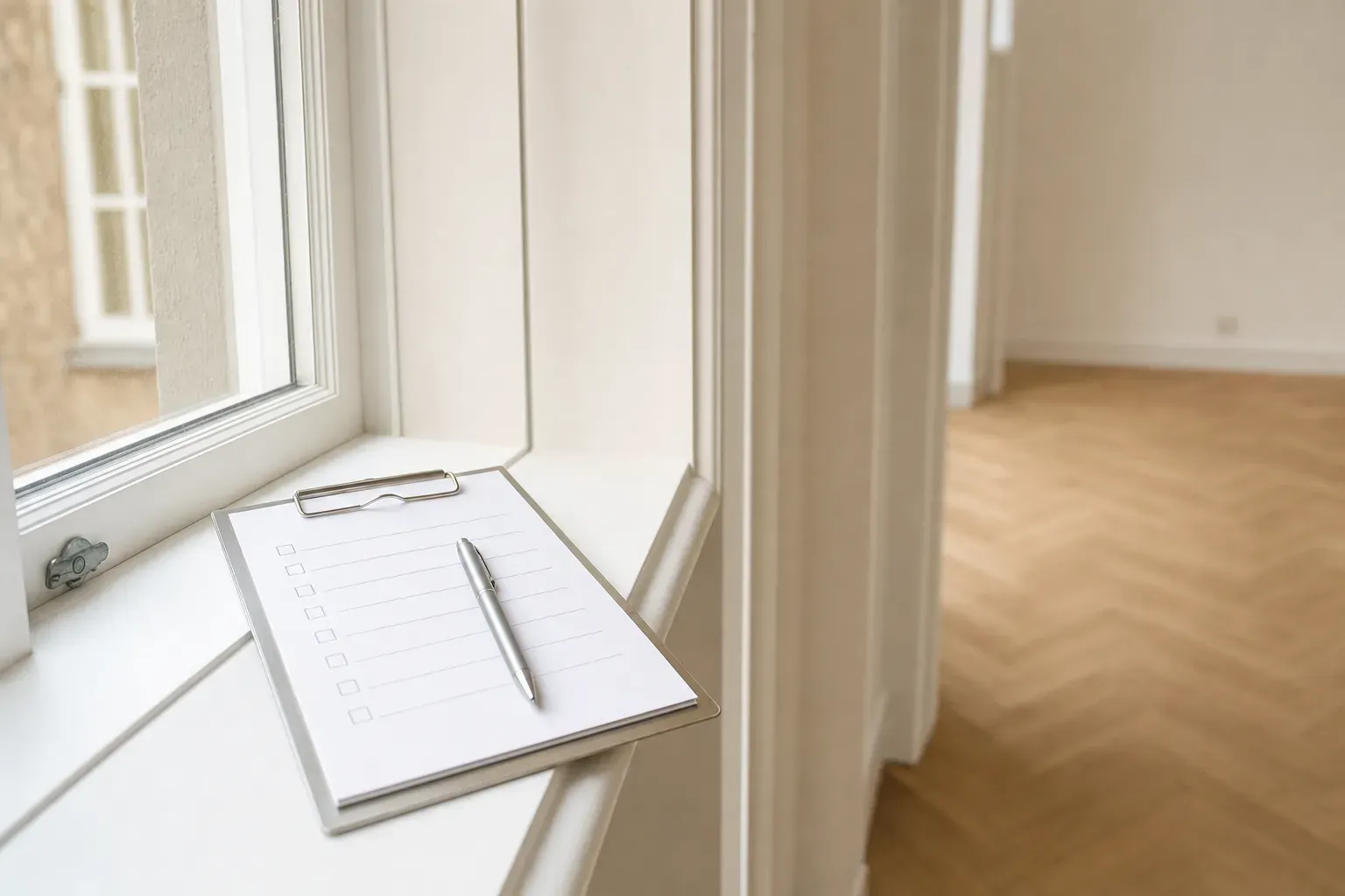 Klemmbrett mit Checkliste und Stift auf der Fensterbank einer leeren Neubauwohnung